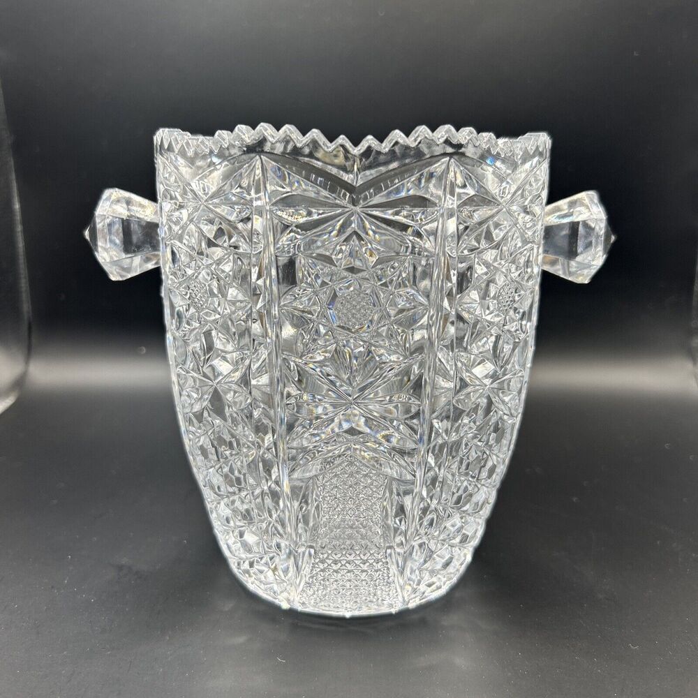 Ice Bucket Crystal Clear Glass w/Saw Tooth Edges & Knob Handles Vintage - Picture 2 of 9